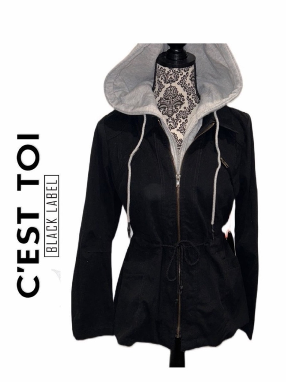 Black Label‎ by C’EST TOI Women’s Layered Hooded Drawstring Jacket - Size S